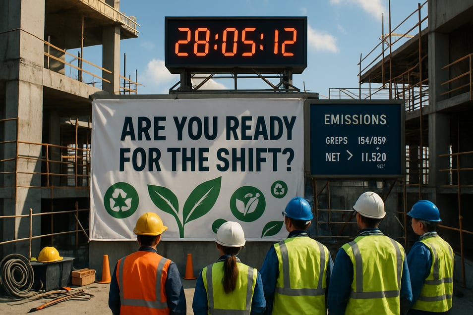 cinematic A countdown clock prominently displayed on a construction site surrounded by concrete structures and scaffolding Workers in hard hats and safety vests are gathered around a large banner that reads Are You Ready for the Shift in bo
