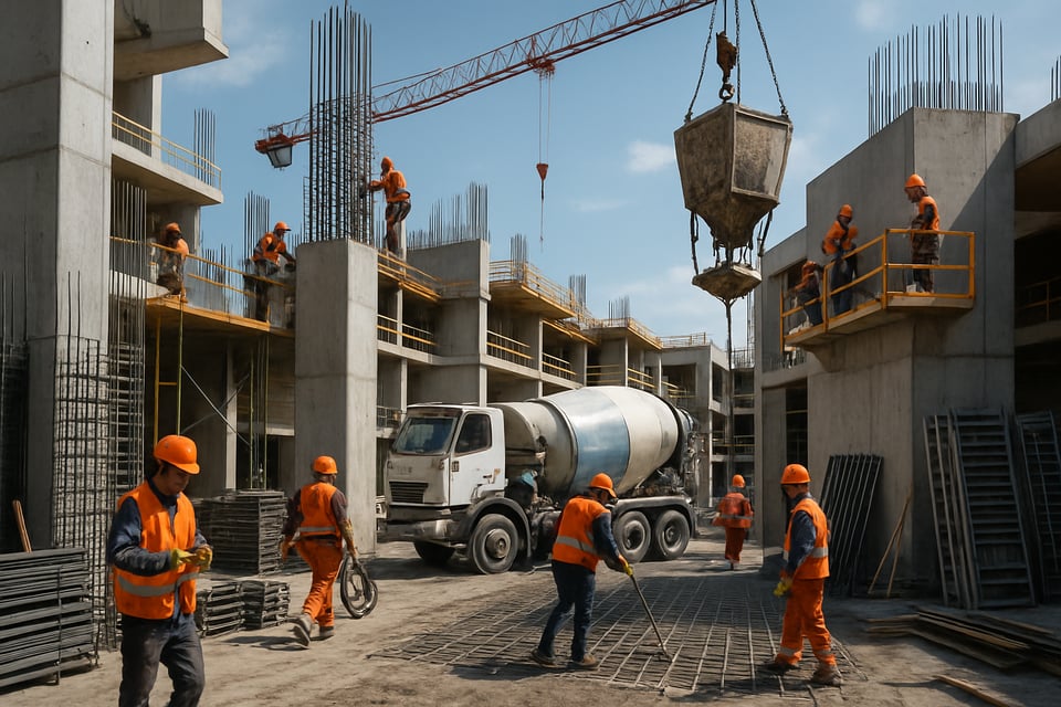 enhance A modern concrete site bustling with activity-1